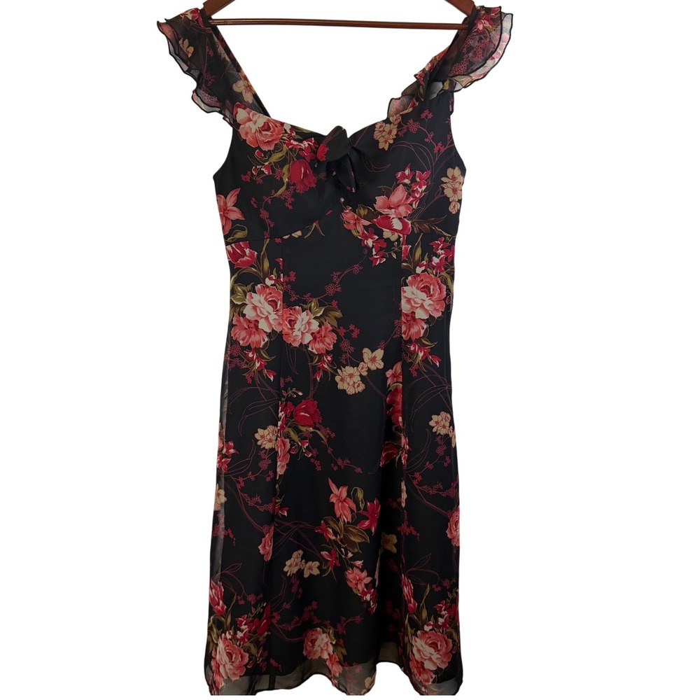 Vintage Madison Leigh Y2K Romantic Black Floral Ruffle Sleeve Midi Dress Size 10 - Picture 2 of 9